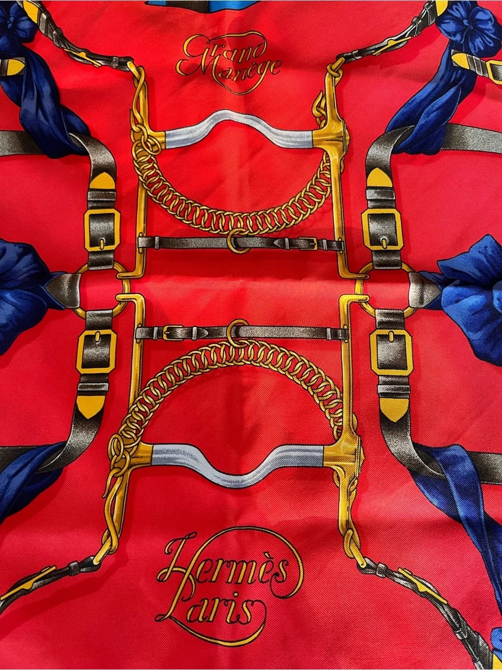Hermes Vintage Grand Manage 90 Red, Blue & Gold Equestrian Silk Scarf